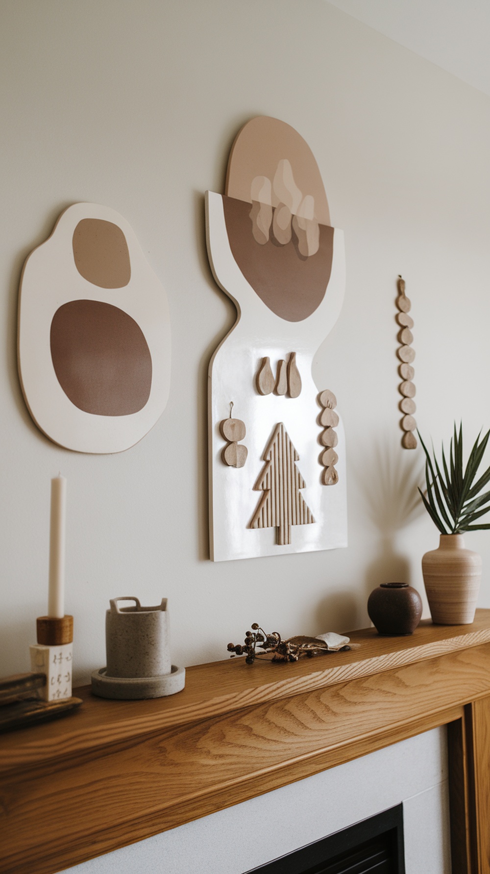 Artistic wall hangings in earthy tones above a wooden mantle with decorative items