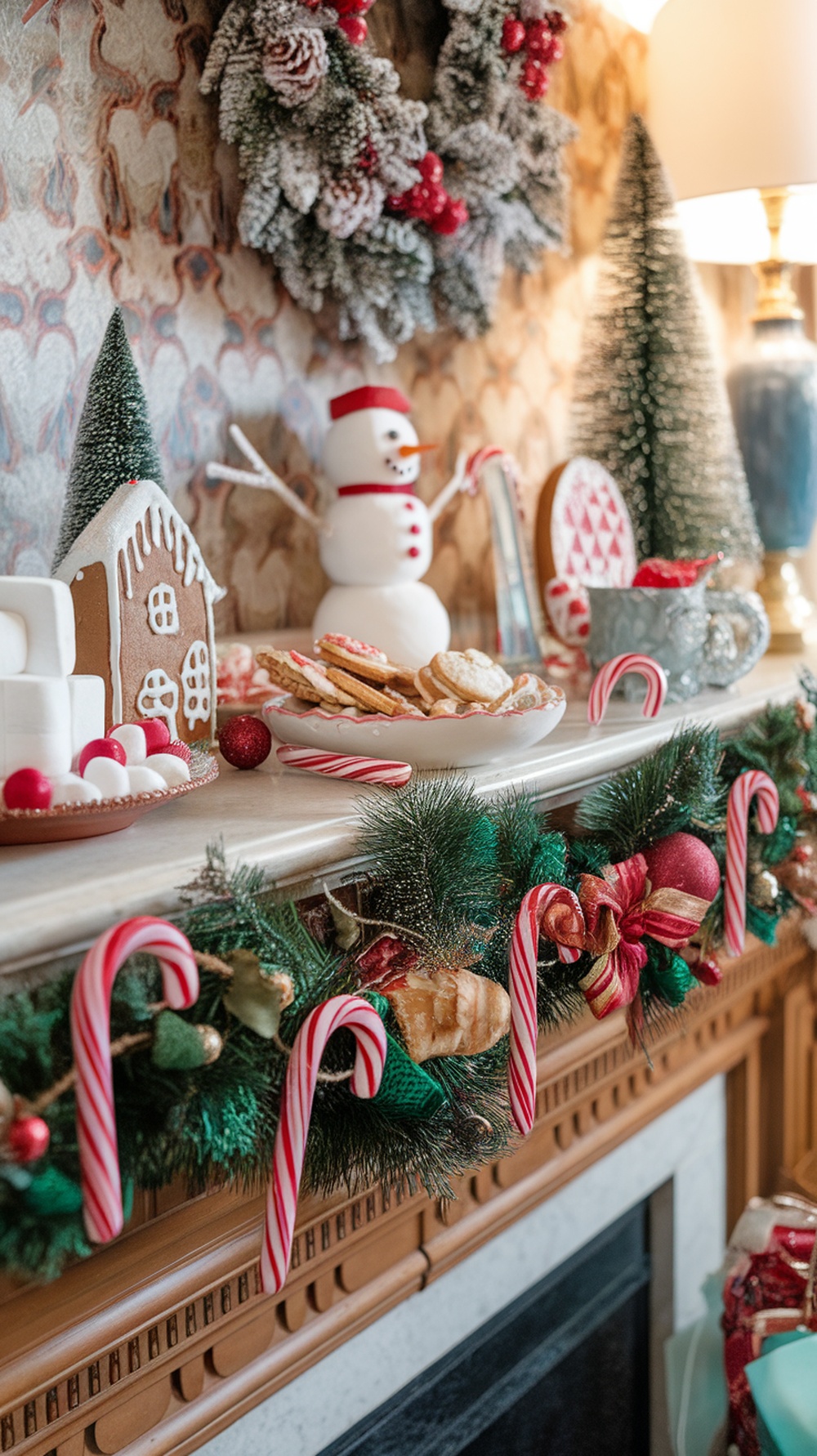A decorated mantle with a colorful candy cane garland, gingerbread cookies, and a snowman figurine.