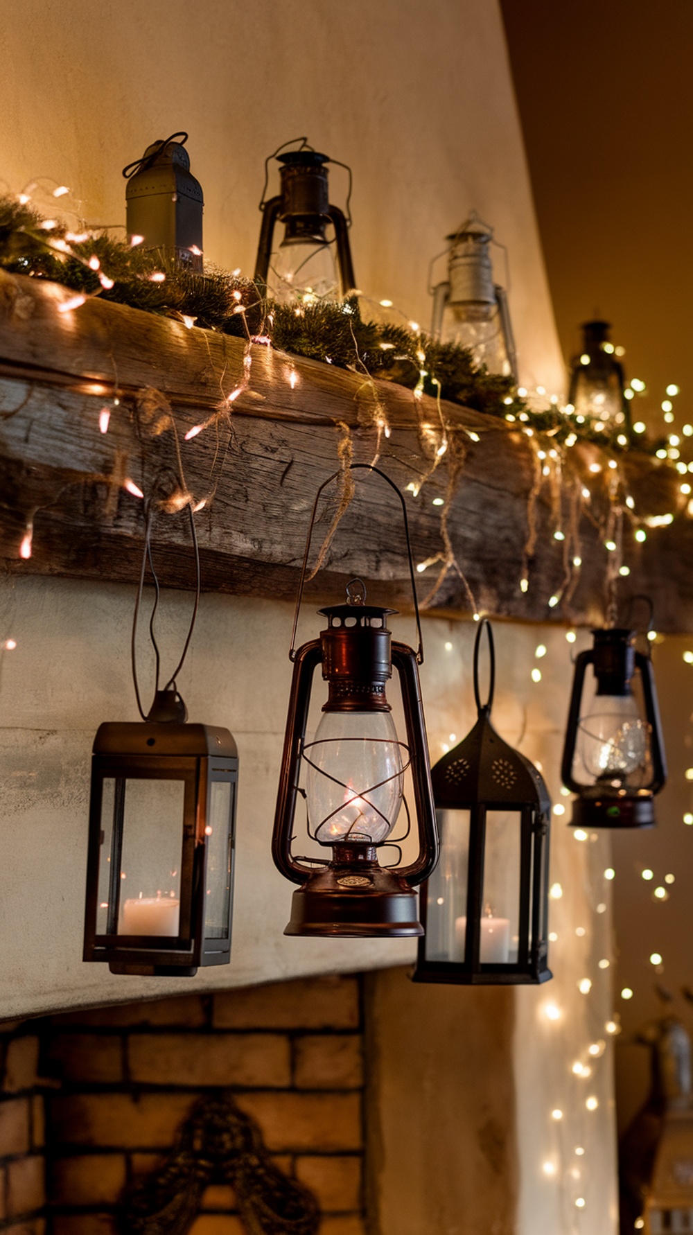 A rustic mantle decorated with vintage lanterns and fairy lights, creating a warm and inviting atmosphere.