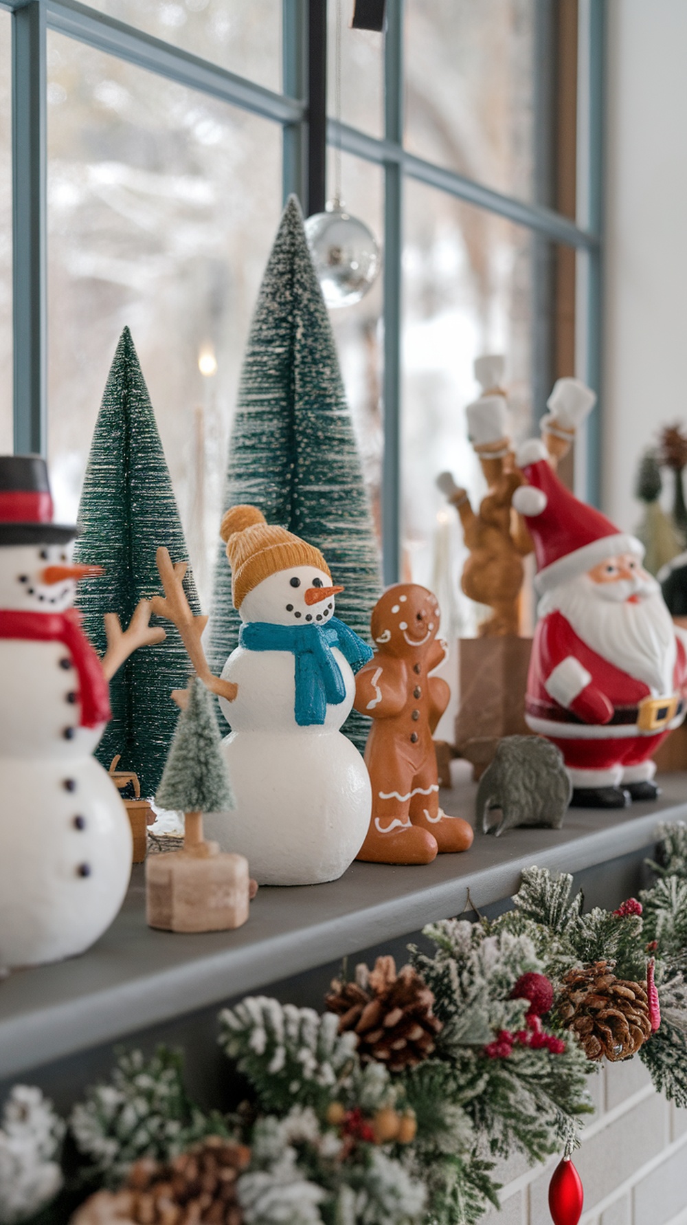 A festive Christmas mantle decorated with snowman, gingerbread man, Santa figure, and small trees.