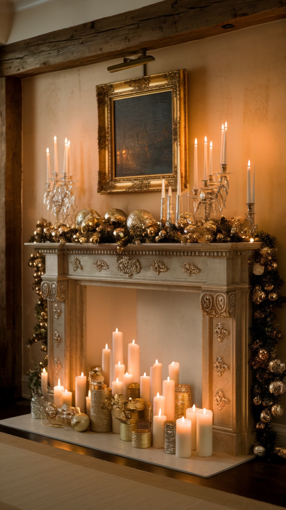 A beautifully decorated mantle featuring gold accents, candles, and festive decor.
