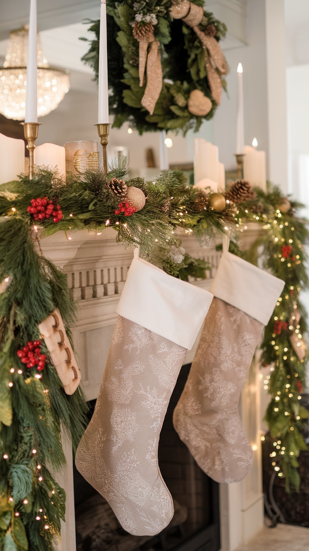 A beautifully decorated mantle with two beige stockings, greenery, candles, and festive accents.