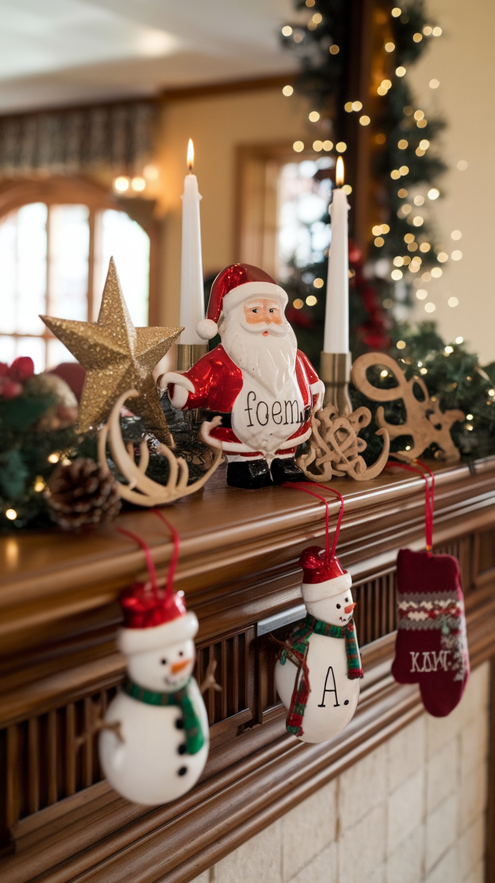 A decorated mantle with personalized family ornaments, including snowmen and a Santa figure.
