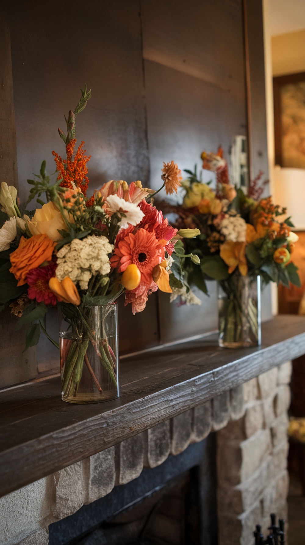Colorful seasonal floral arrangements on a rustic mantle