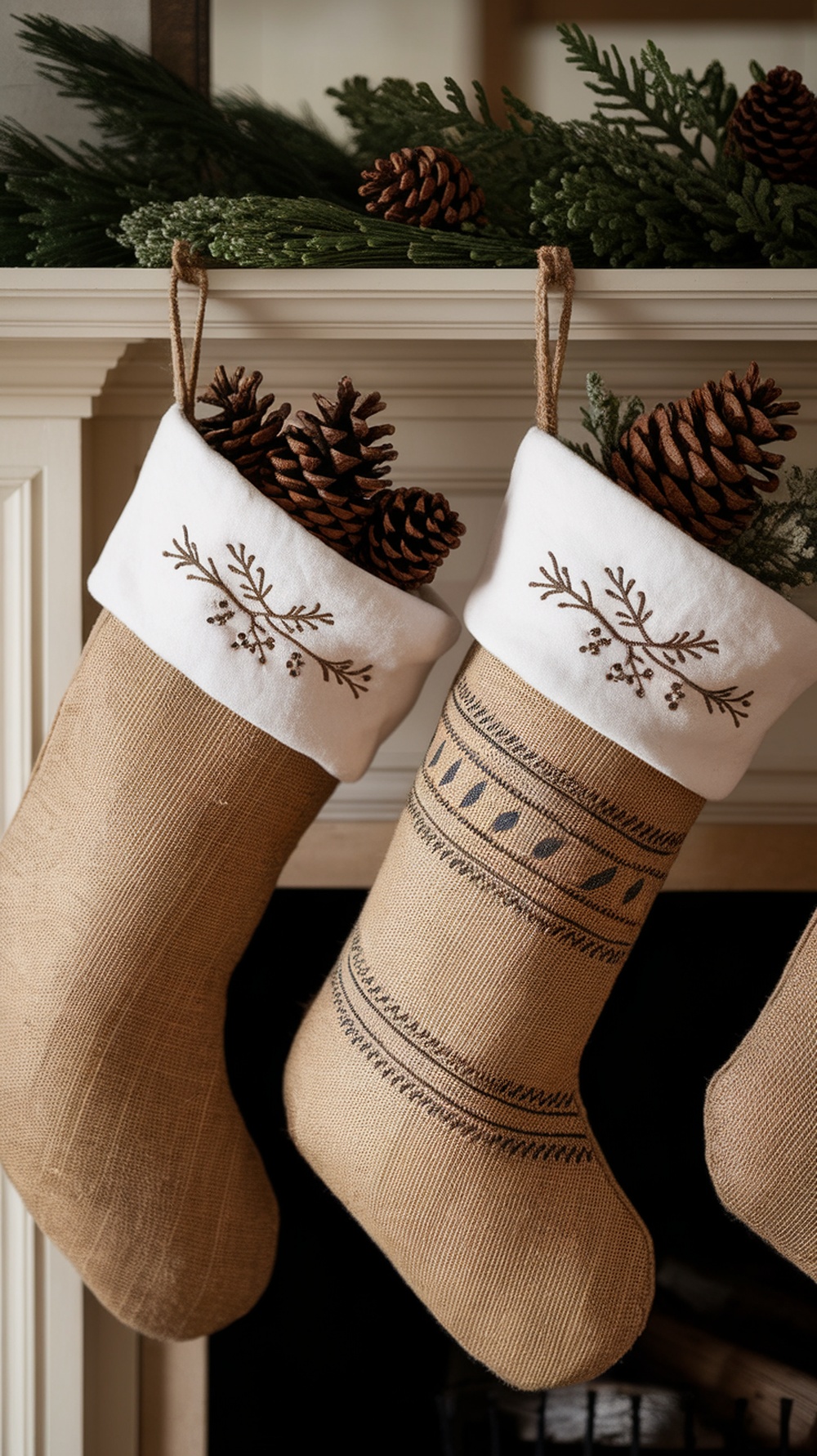 Rustic Christmas stockings with pinecones and greenery on a mantle