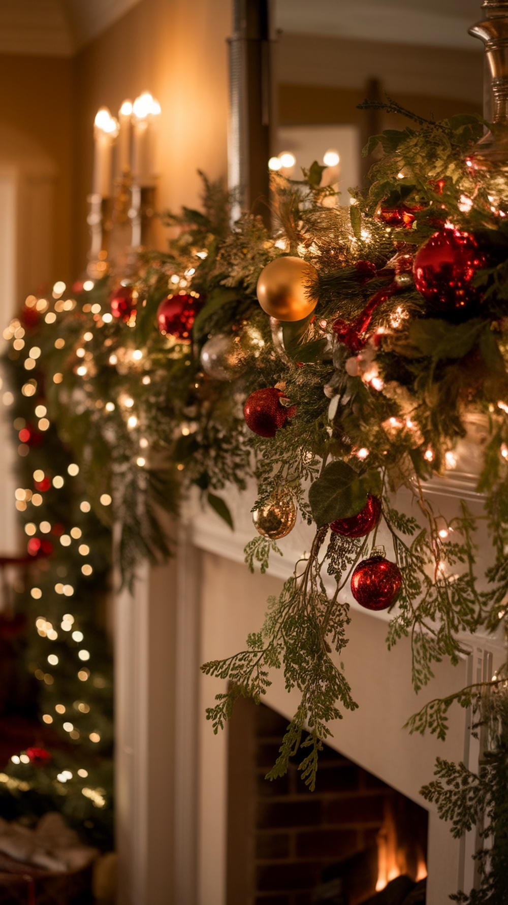 A beautifully decorated Christmas mantle with greenery, ornaments, and lights.