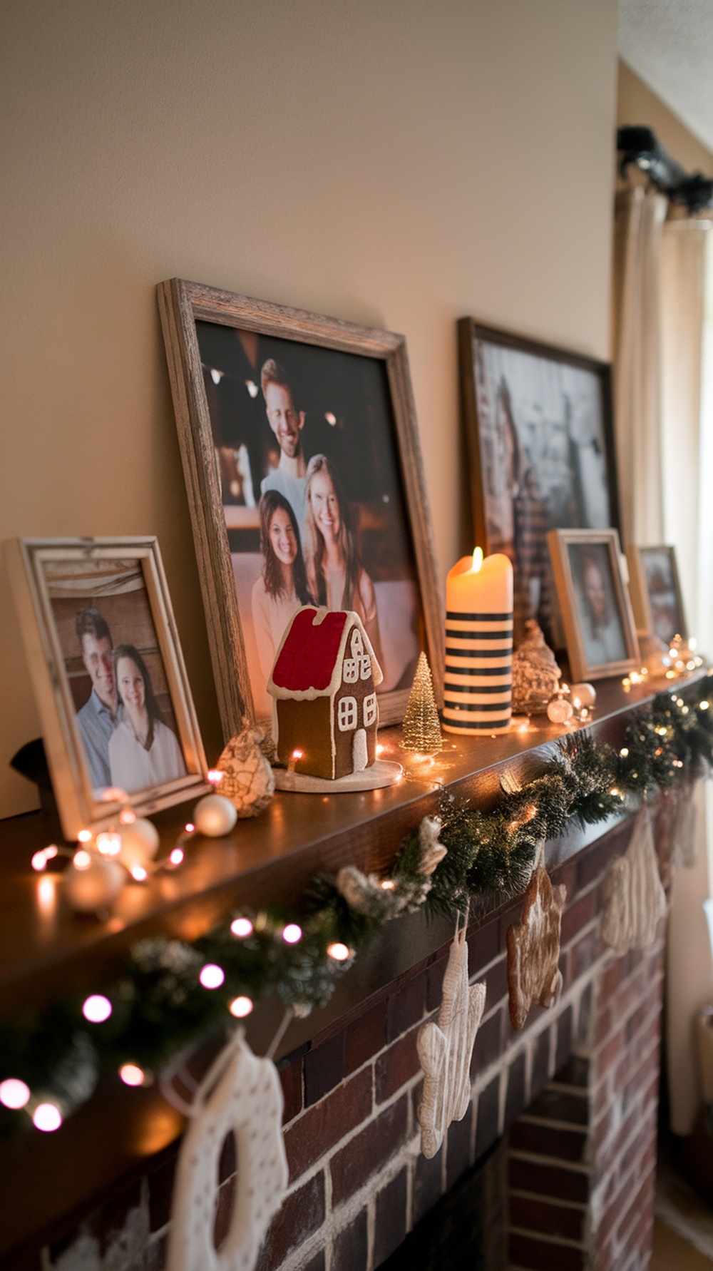 A cozy fireplace mantle decorated with family photos, a gingerbread house, and festive lights.