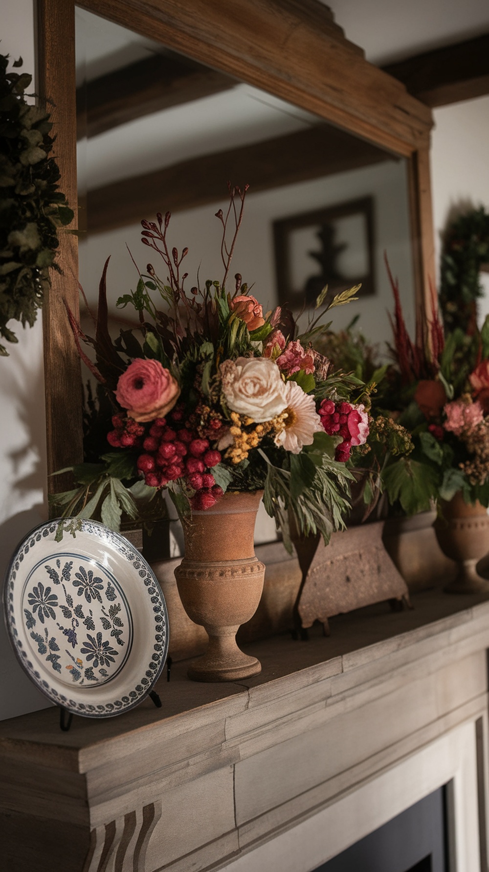 A beautifully decorated farmhouse mantle with seasonal floral arrangements in rustic vases, reflecting a cozy holiday spirit.