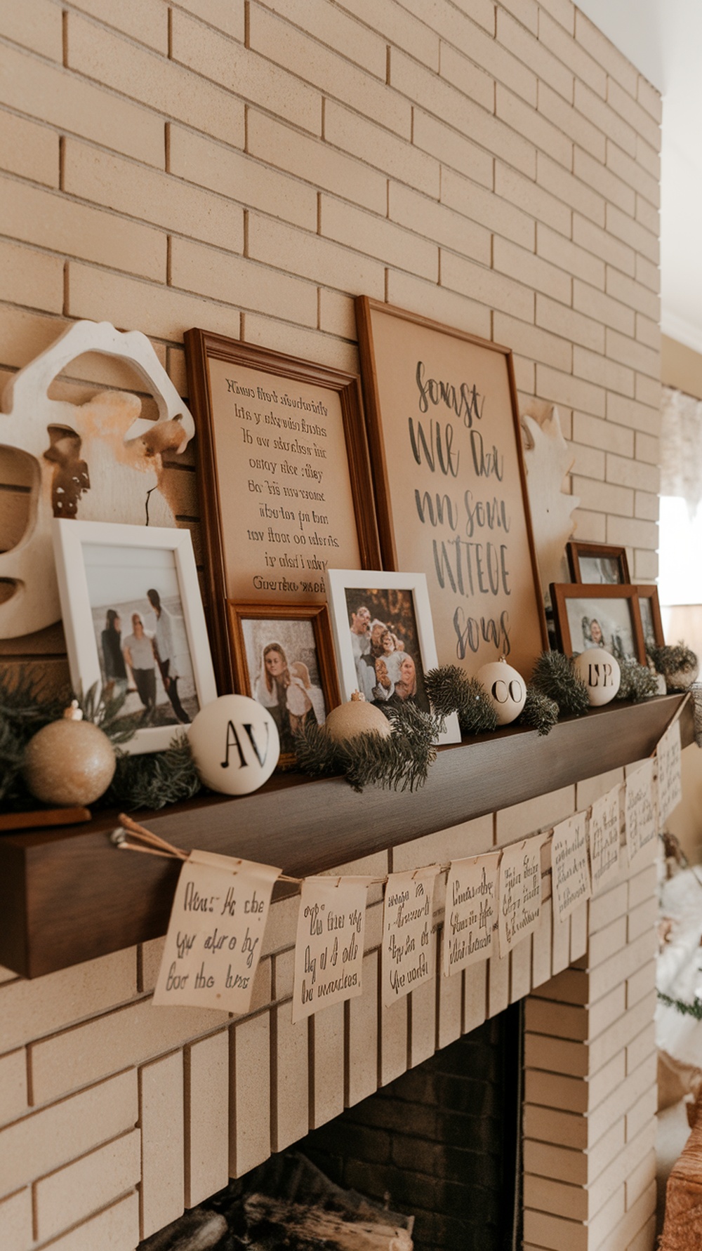 A decorated mantle with family photos, ornaments, and handwritten quotes for Christmas.