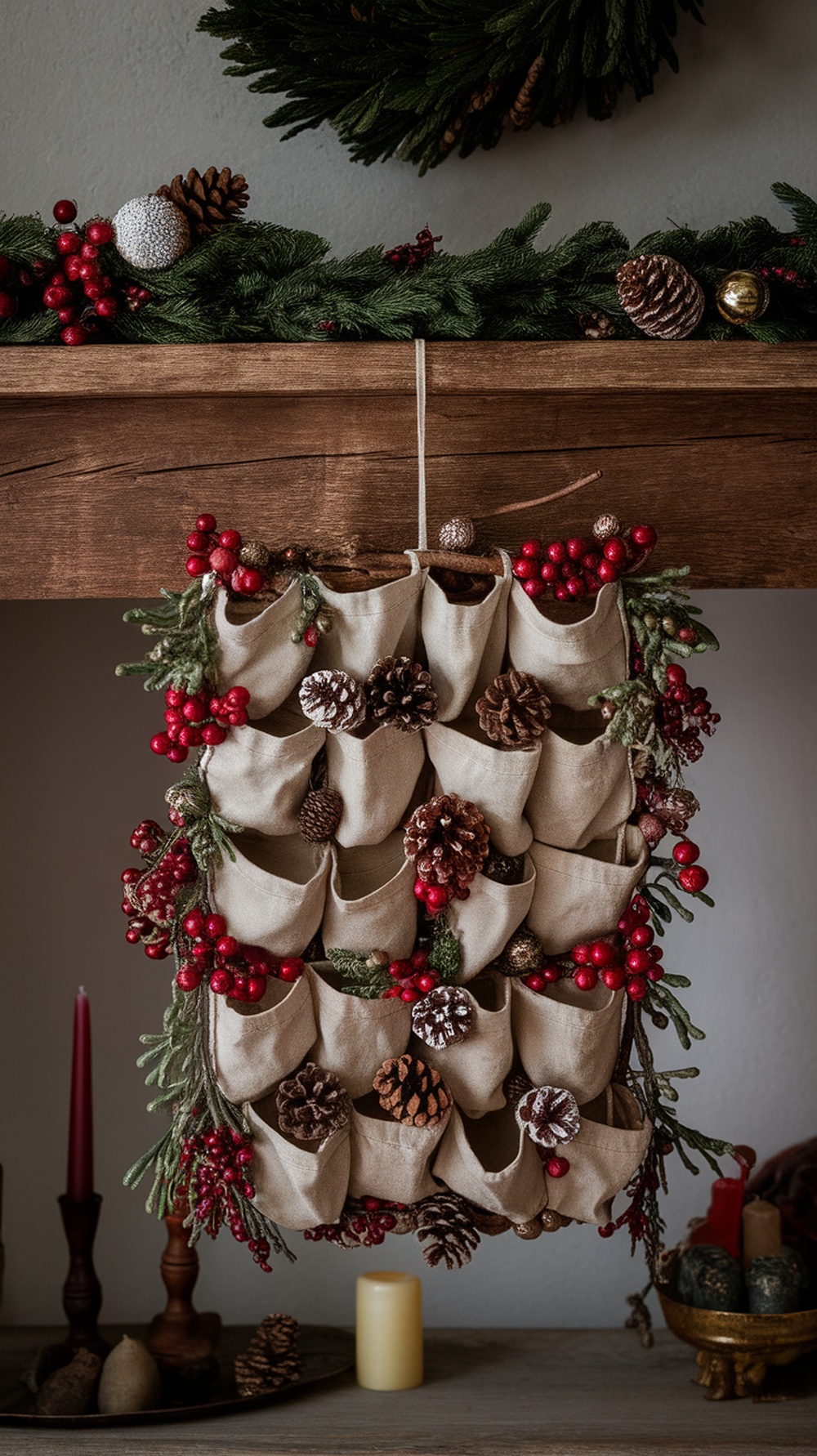 A DIY Advent calendar display with fabric pockets, pinecones, and red berries hanging on a rustic mantle.