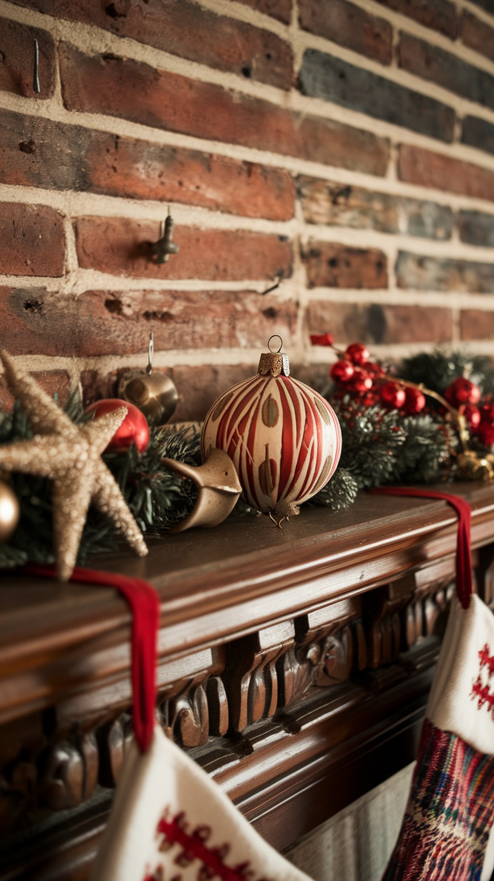 A vintage Christmas mantle decorated with classic ornaments, greenery, and stockings.