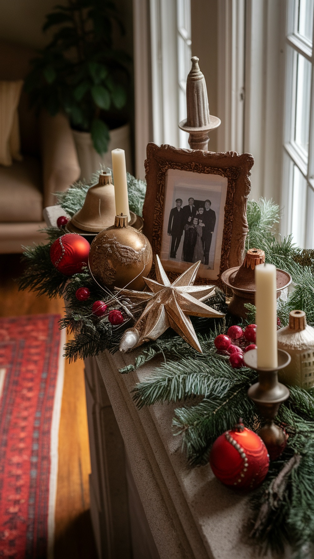 A decorated Christmas mantle featuring antique ornaments, a family photo, and festive greenery.