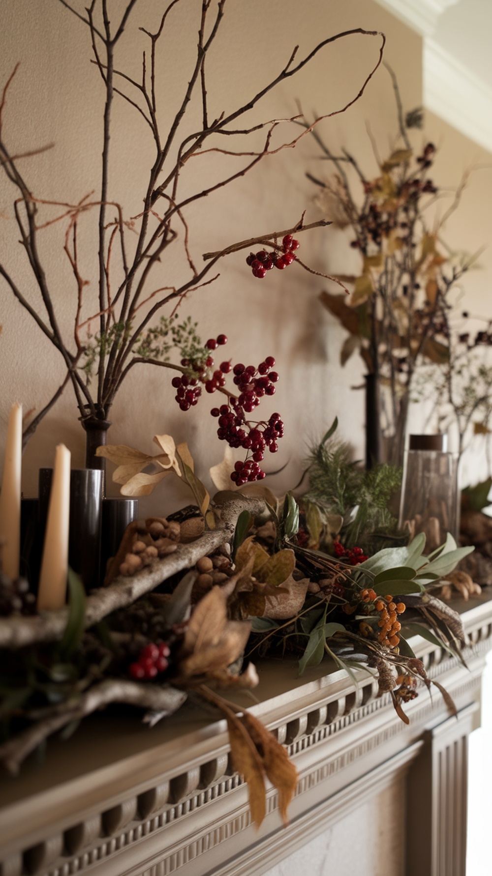 A beautifully decorated Christmas mantle featuring twigs, red berries, and candles.