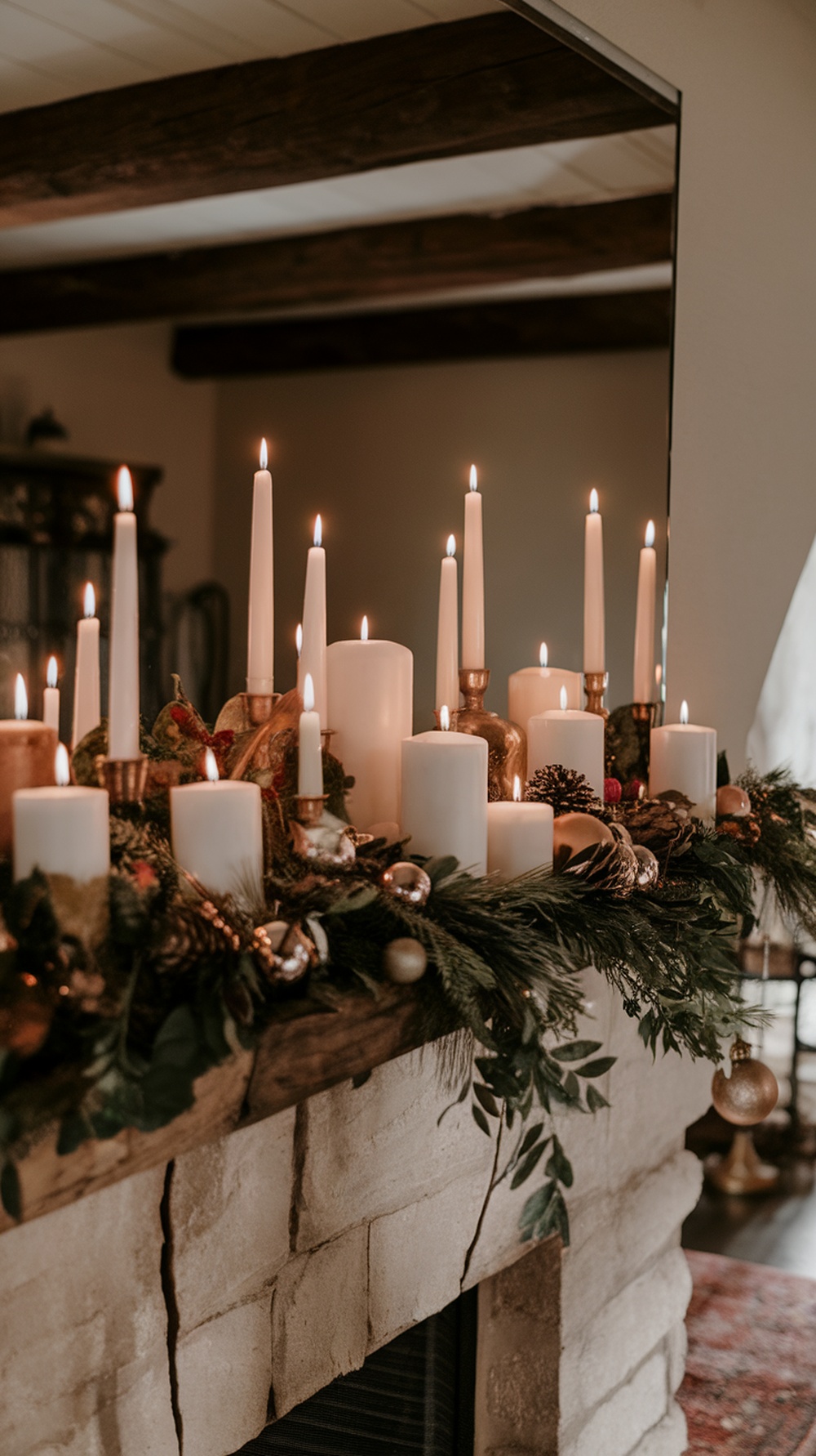 A beautifully decorated fireplace mantle with various candles and festive greenery.