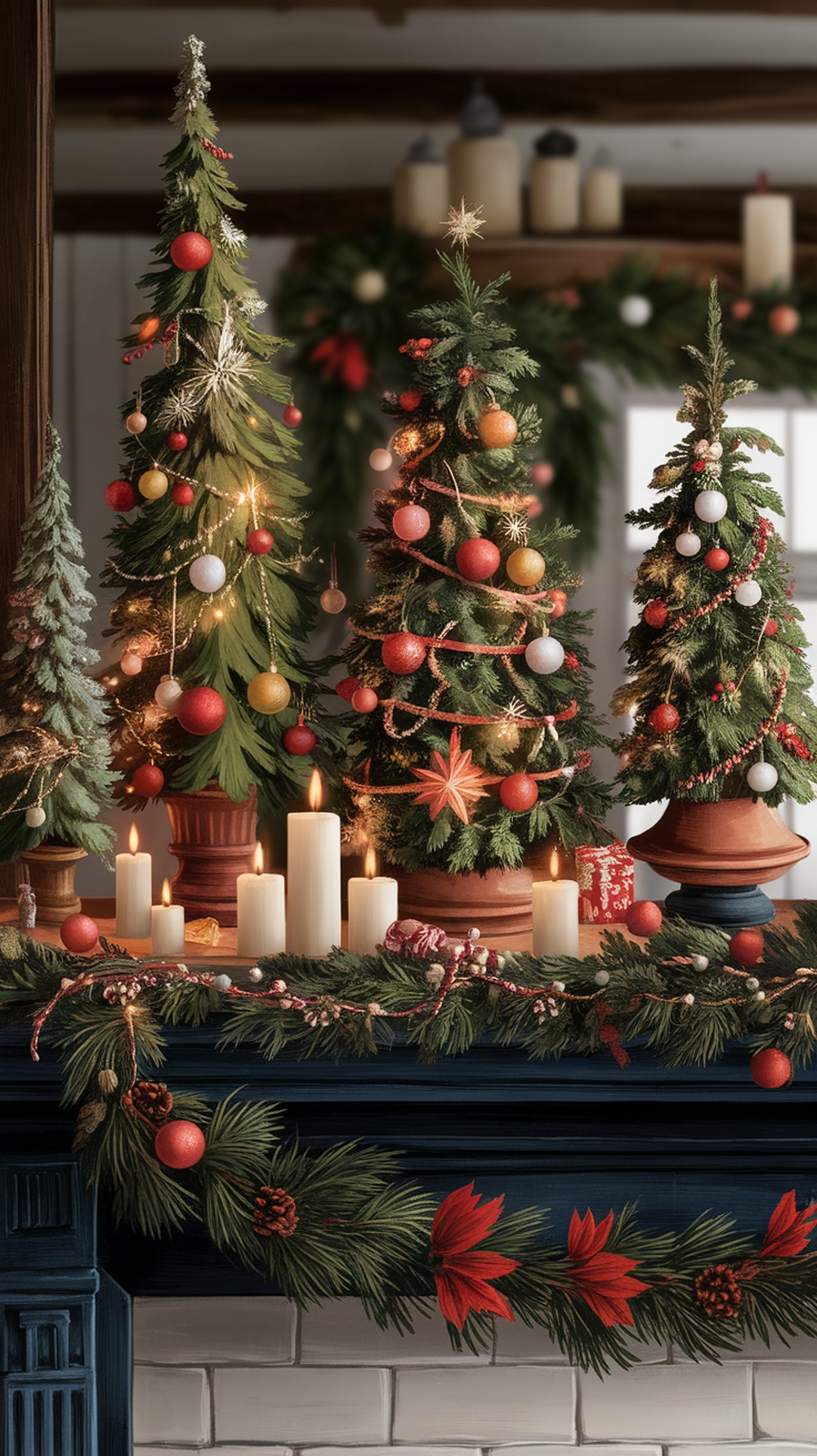A beautifully decorated Christmas mantle featuring whimsical miniature trees, candles, and a festive garland.