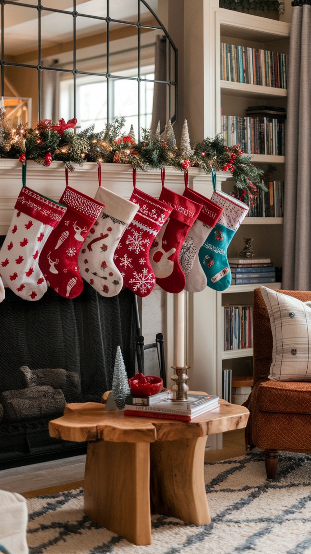 A cozy fireplace mantle decorated with colorful Christmas stockings and festive decor.