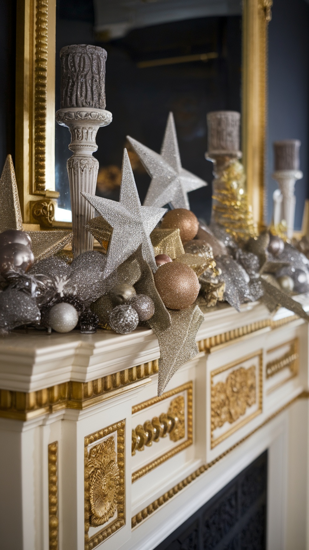 A beautifully decorated Christmas mantle featuring metallic decorations, including glittering stars and shiny ornaments.