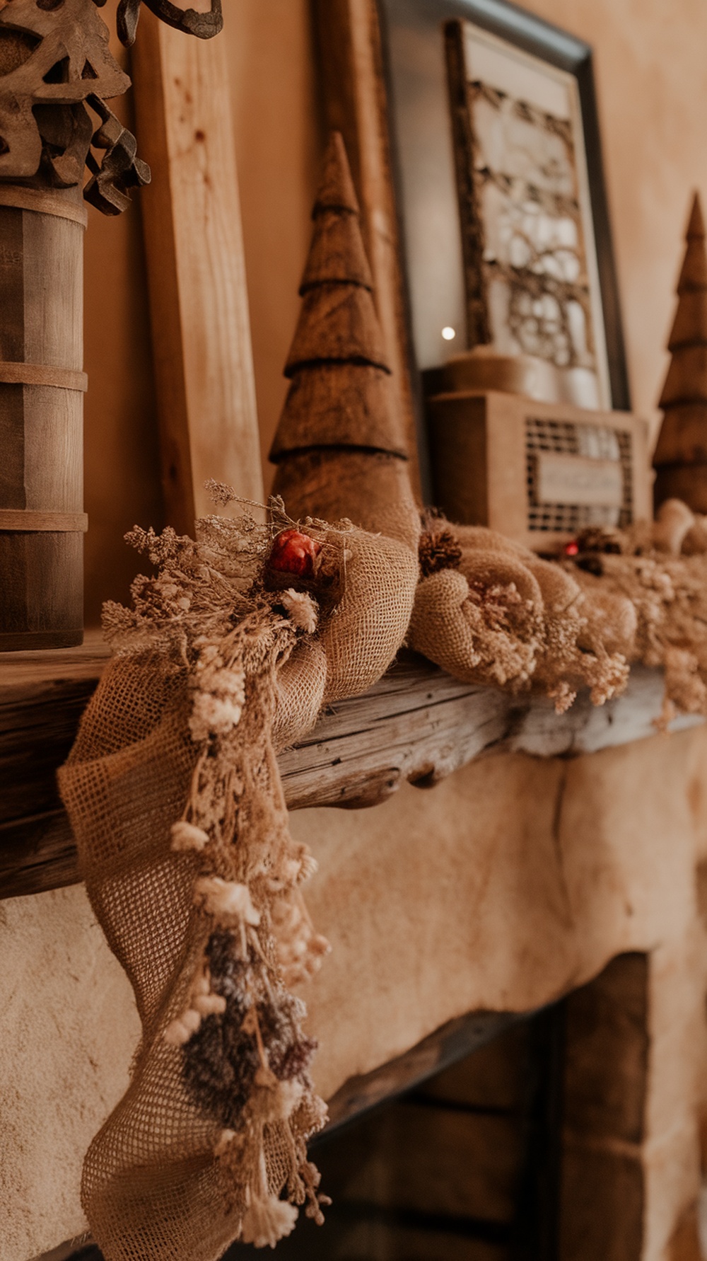 A rustic garland made of burlap and dried flowers draped over a wooden mantle, with wooden decorations in the background.