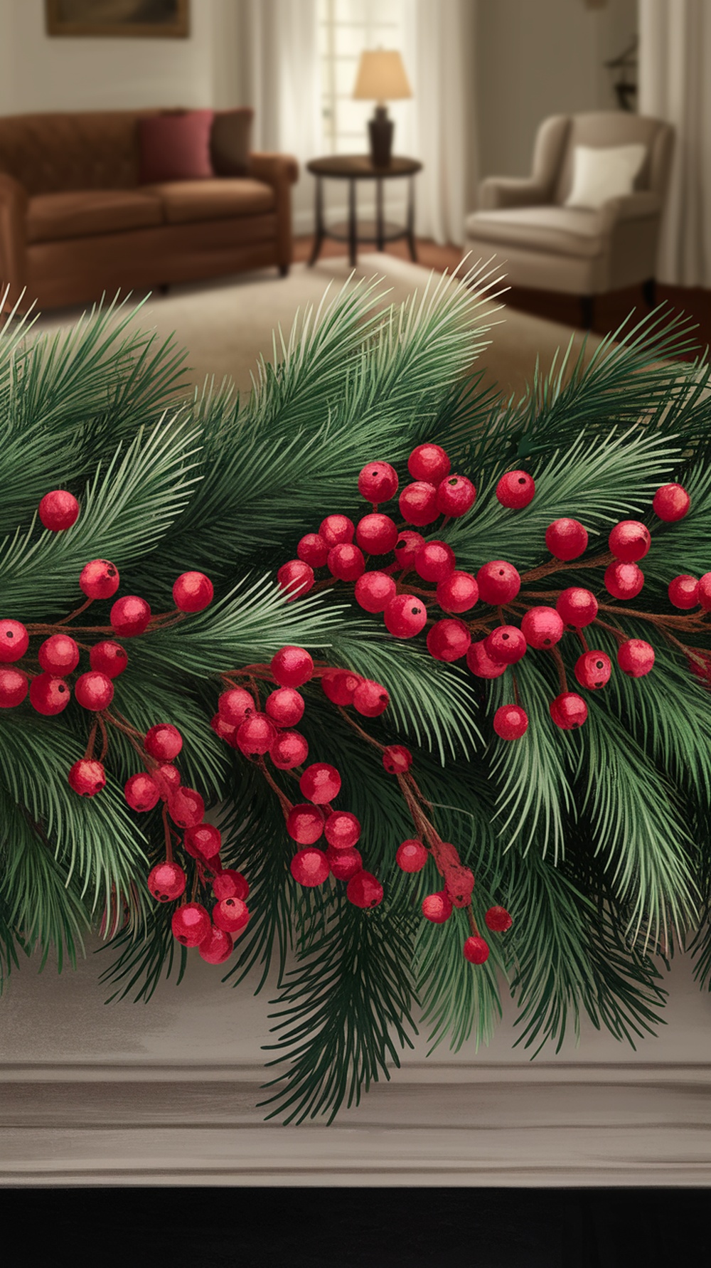 A close-up of an evergreen garland with red berries, draped over a mantle in a cozy living room setting.