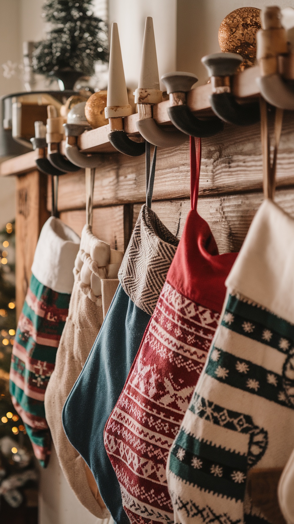 A rustic mantle decorated with colorful stockings and unique holders, showcasing a cozy holiday vibe.