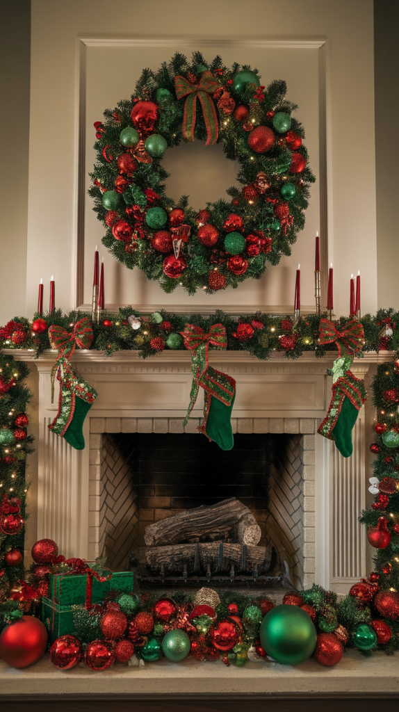 red and green christmas mantle decor