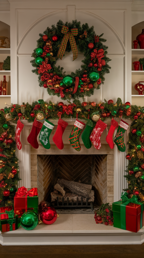 red green and gold Christmas Mantle