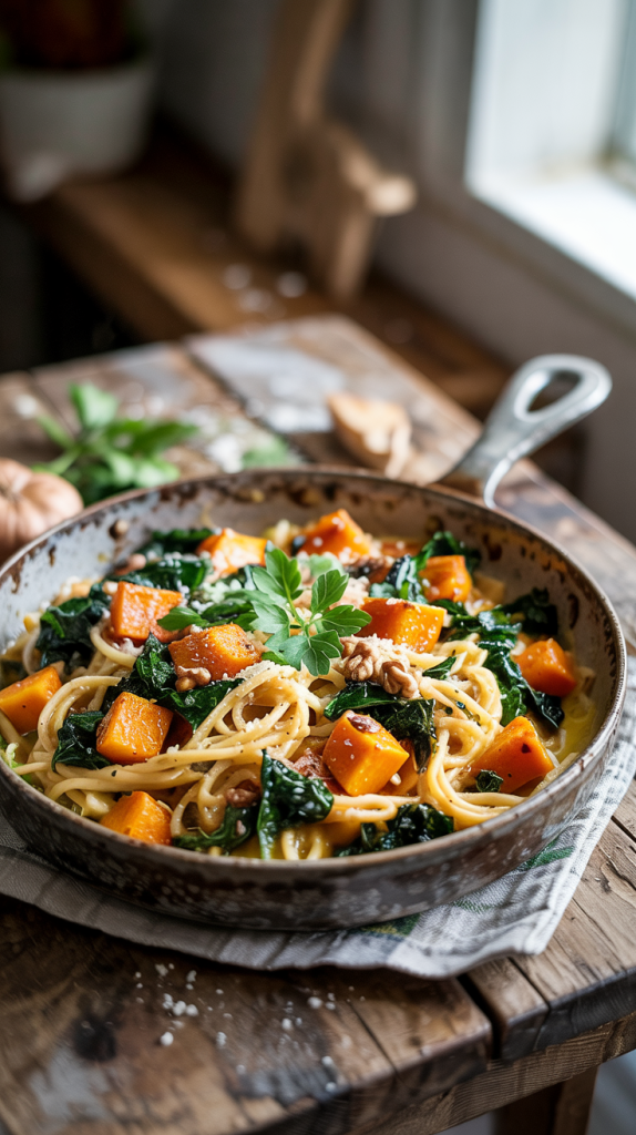 veggie-loaded pasta with roasted squash, kale, garlic, and olive oil