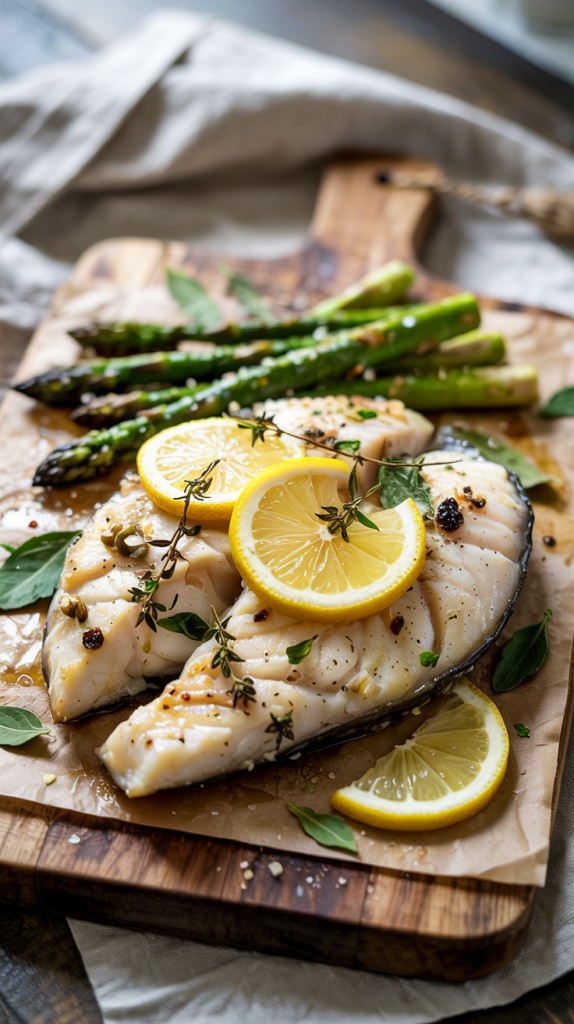 Baked Lemon Herb Halibut with Asparagus