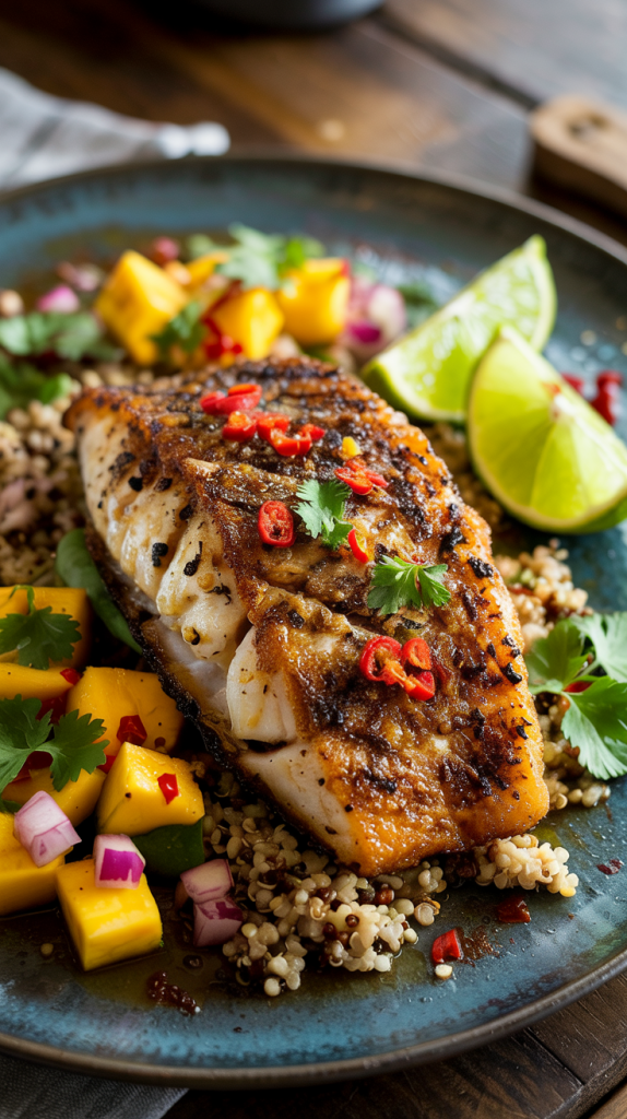 Healthy High Protein Dinner Recipes Blackened Tilapia with Quinoa & Mango Salsa Recipe