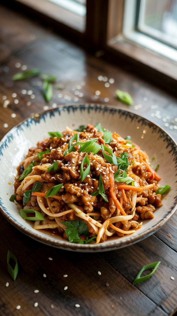 Healthy High Protein Dinner Recipes Ground chicken or turkey stir-fried with cabbage, carrots, garlic, and sesame