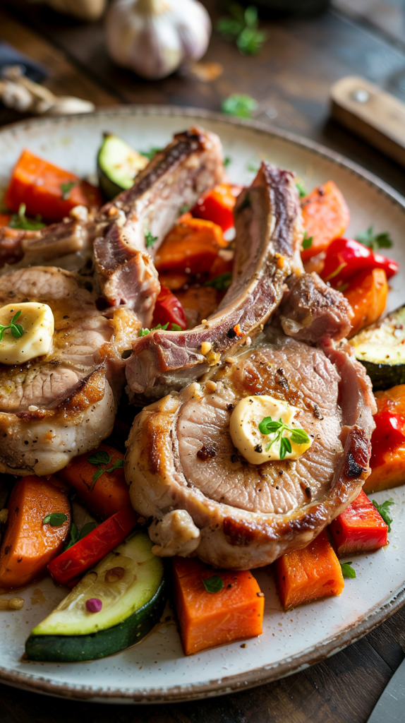 Healthy High Protein Lean pan-seared pork chops served with roasted vegetables