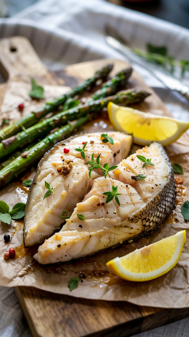 High Protein Flaky halibut baked with herbs and lemon, paired with fiber-rich asparagus