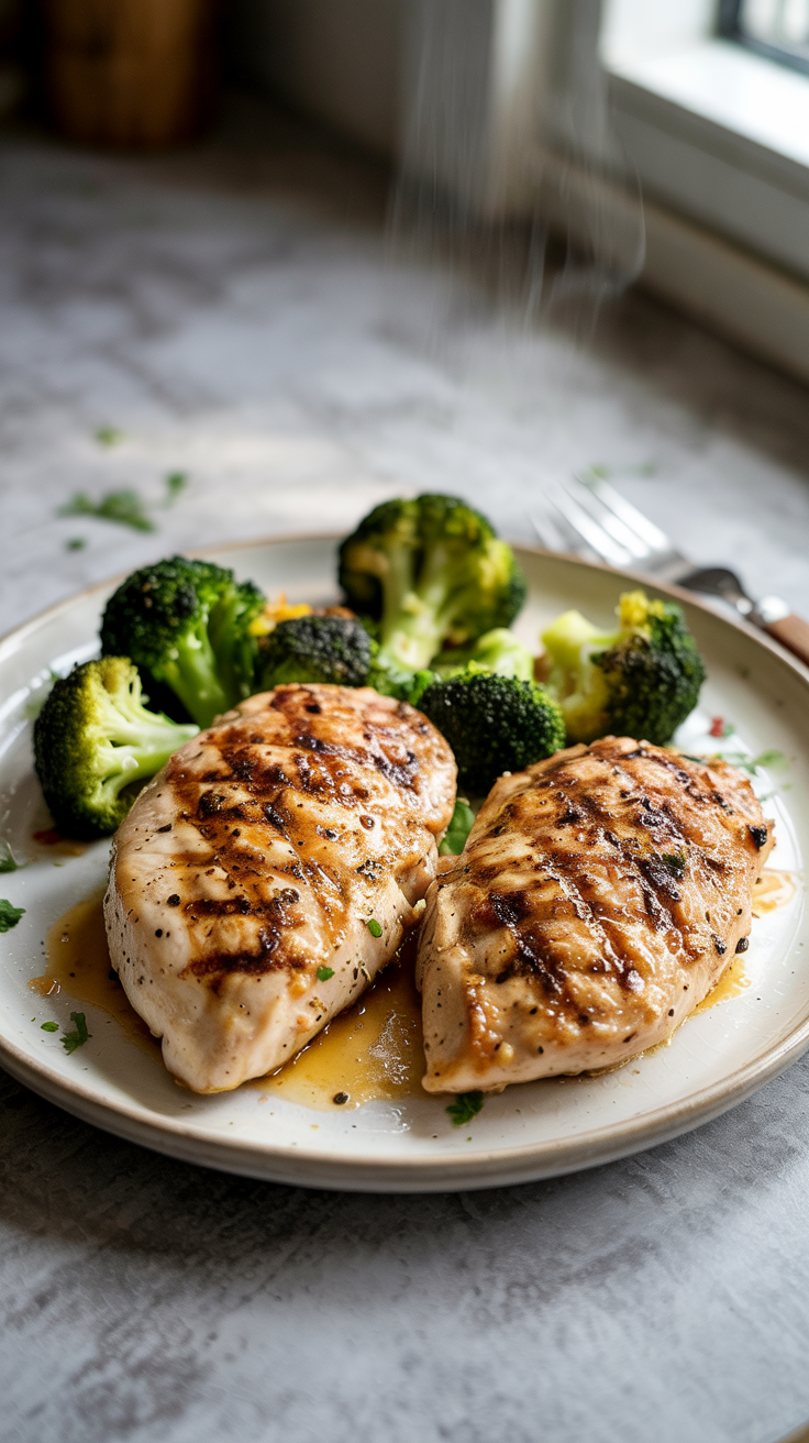 High Protein Grilled Lemon Pepper Chicken Breasts with Steamed Broccoli
