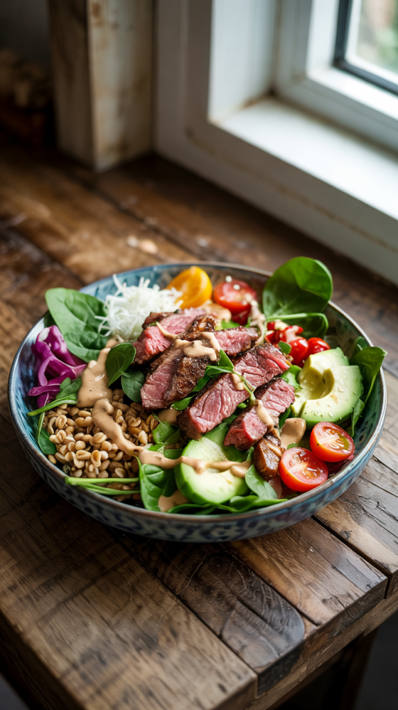 High Protein Lean steak strips, hearty farro, spinach, cherry tomatoes, and balsamic glaze