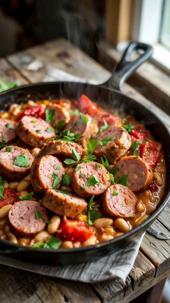 High-protein turkey sausage simmered with white beans, tomatoes, and herbs
