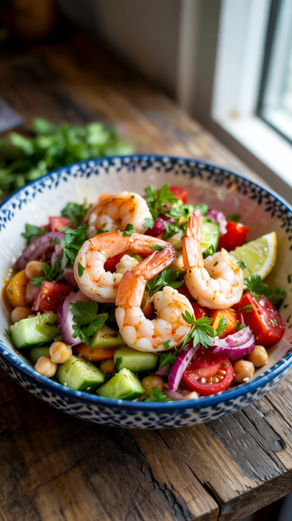 Mediterranean-style bowls with shrimp, chickpeas, veggies, and lemony vinaigrette