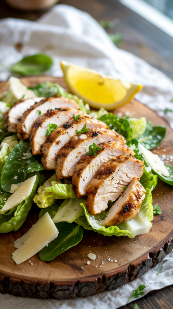 Protein-packed grilled chicken salad with dressing and shaved parmesan