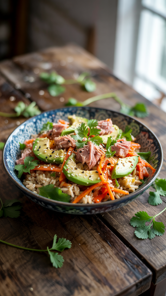 Quick bowls with tuna, avocado, cucumbers, sesame seeds, and jasmine rice