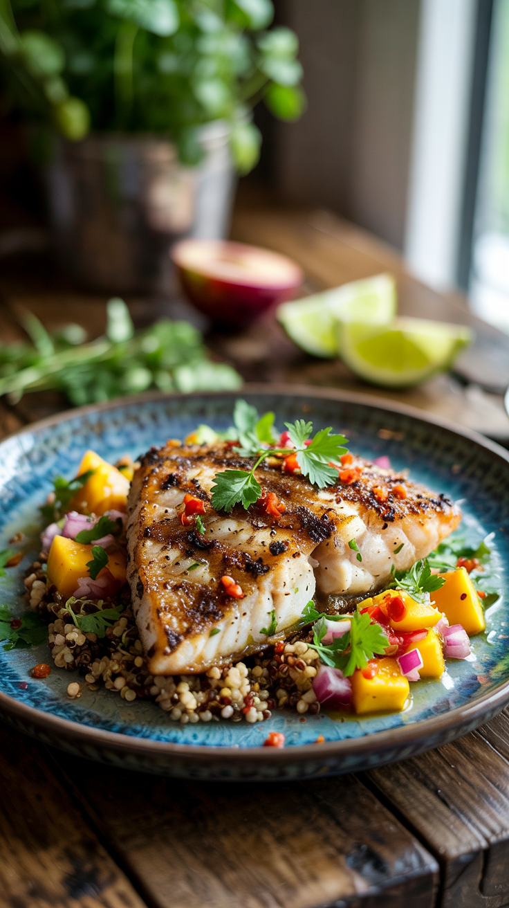Spicy tilapia paired with fluffy quinoa and a fresh fruit salsa for a balanced protein-packed plate