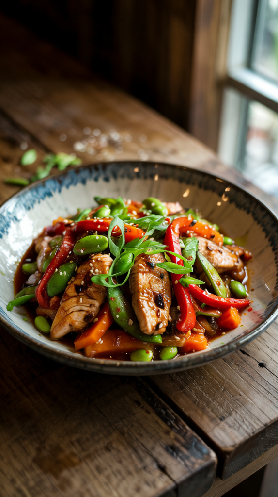 colorful, protein-rich stir fry loaded with edamame, peppers, carrots, and chicken