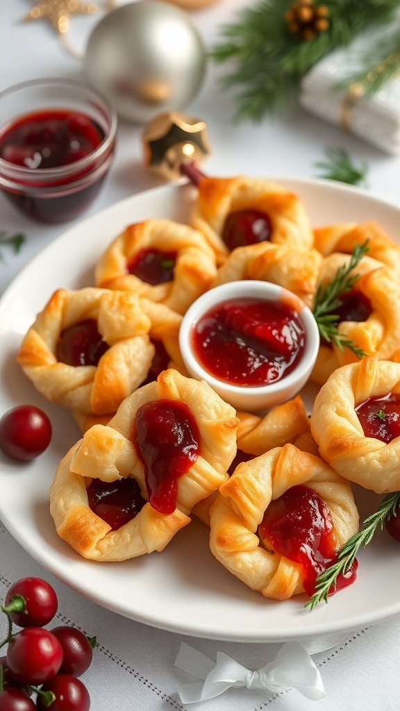 A plate of mini puff pastry twists filled with brie and topped with cranberry sauce, garnished with fresh herbs.