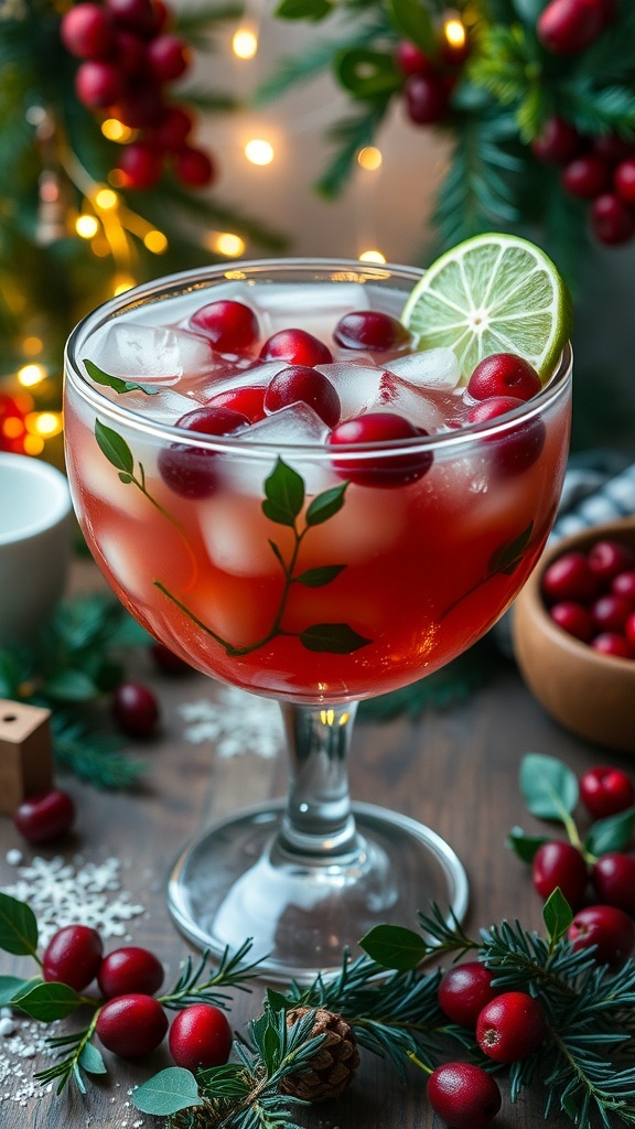 A festive Mistletoe Margarita Punch in a glass bowl, garnished with cranberries and lime.