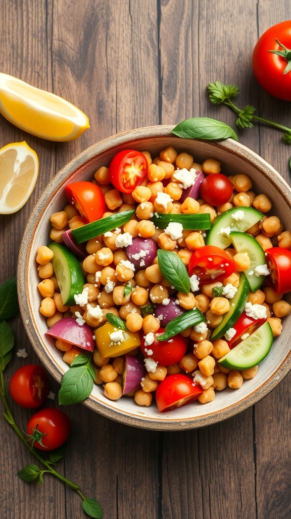 A bowl filled with Mediterranean chickpeas, colorful vegetables, and feta cheese on a wooden table.