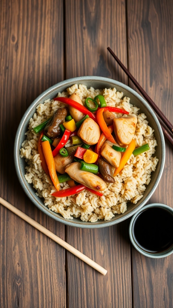 A bowl of healthy chicken stir fry with brown rice and colorful vegetables