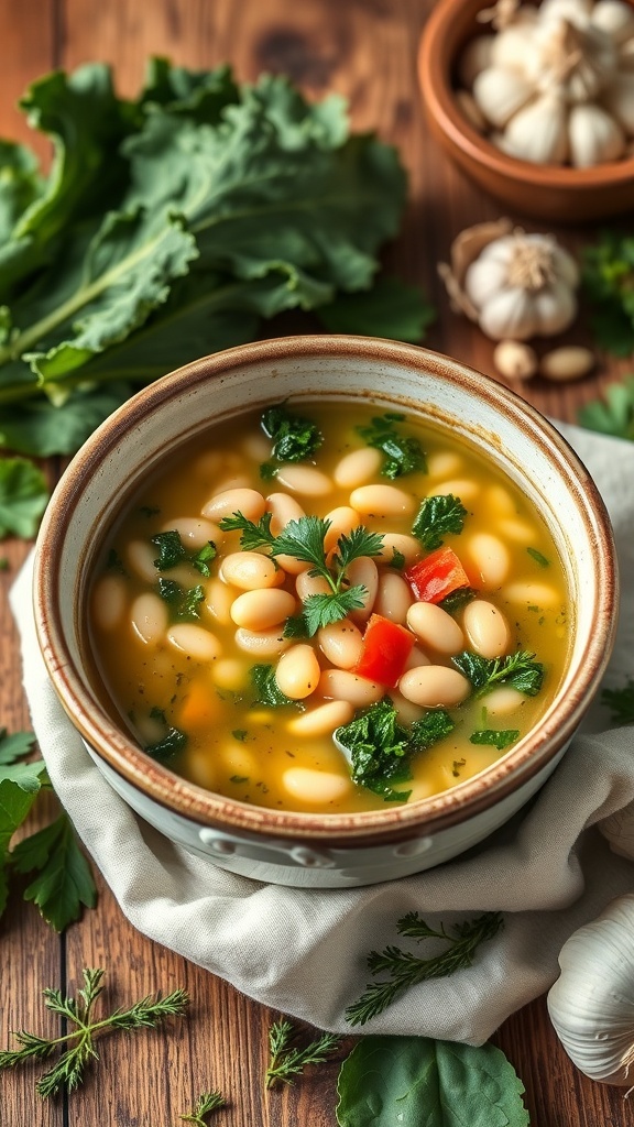 A bowl of Healthy Tuscan White Bean & Kale Soup with garlic and fresh herbs on the side.