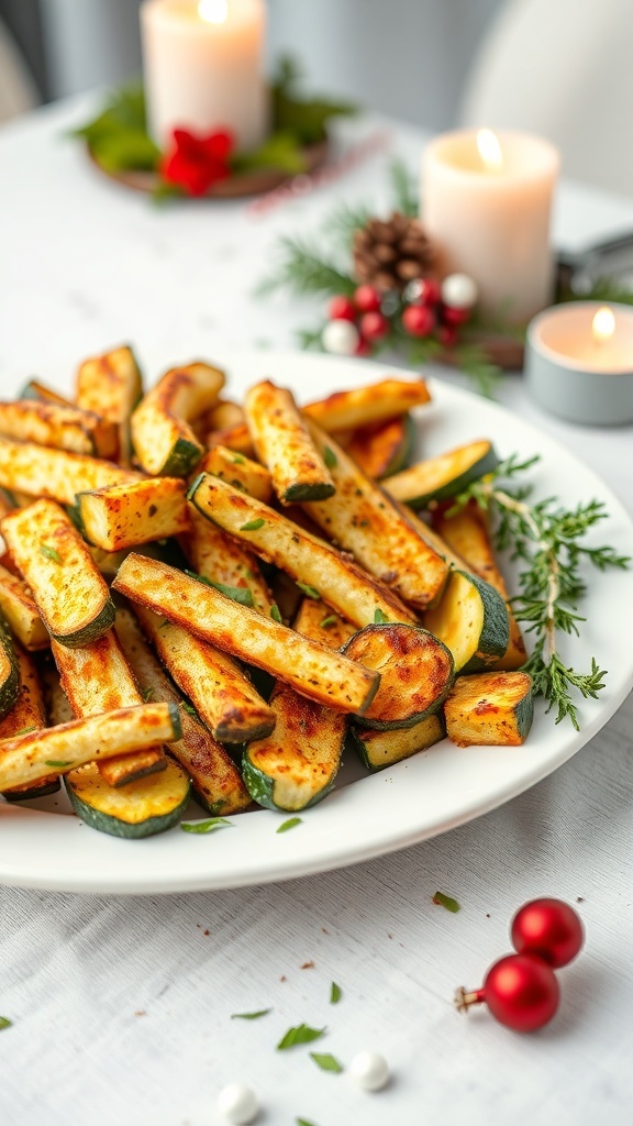 A plate of crispy baked parmesan zucchini sticks, garnished with herbs, surrounded by festive decorations.