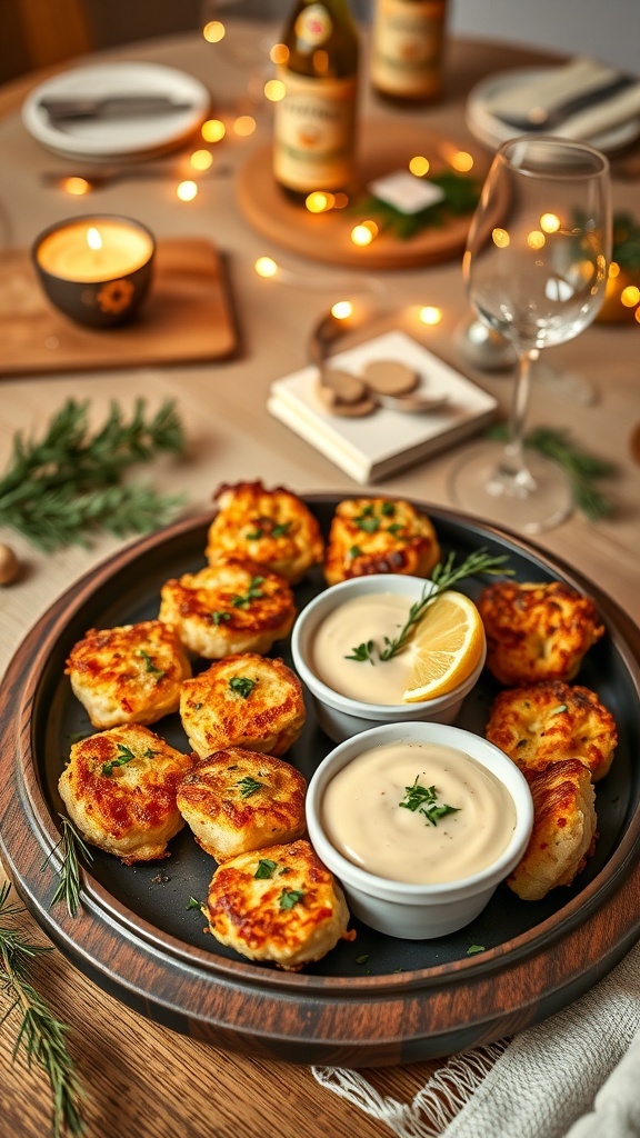A platter of mini crab cakes with lemon aioli, set on a festive table with candles and decorations.