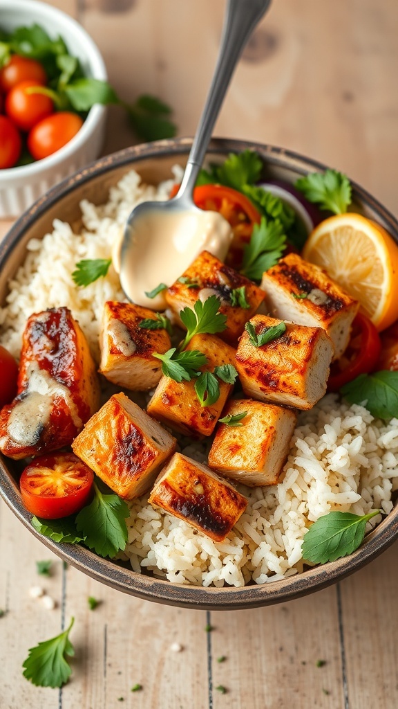 A bowl of healthy chicken shawarma rice with grilled chicken, cherry tomatoes, and herbs.