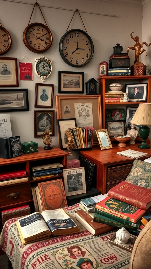 Room Ideas Aesthetic Vintage A cozy vintage bedroom corner with books, framed pictures, and decorative clocks.