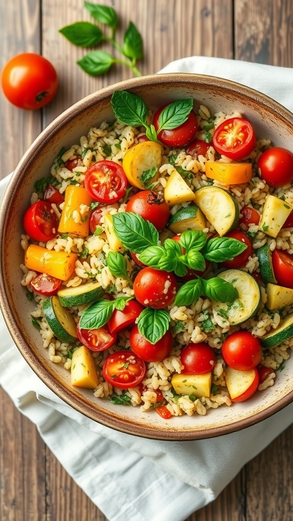 A bowl of Greek Orzo & Roasted Vegetable Salad with cherry tomatoes, zucchini, and fresh basil.